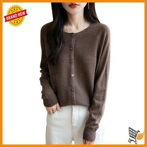 Merino Wool Blend Seamless Knit Cardigan Crew Neck Long Sleeve